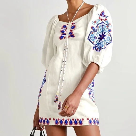 Farm Rio Off-White Navy Embroidery Mini Dress, Off-White / M Farm Rio Off-White Navy Embroidery Mini Dress, Off-White / M